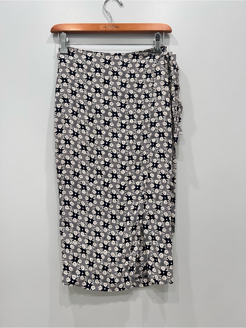 Reformation Navy and White Floral Wrap Midi Skirt